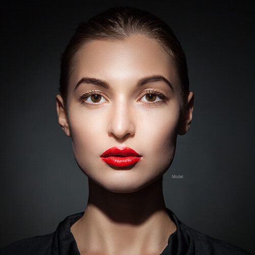 Woman with bright red lipstick